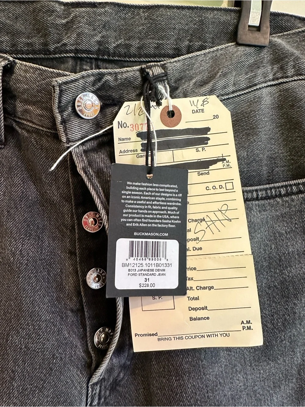 Buck Mason Men's Straight Ford Standard Jeans in Dark Gray Wash Size 31